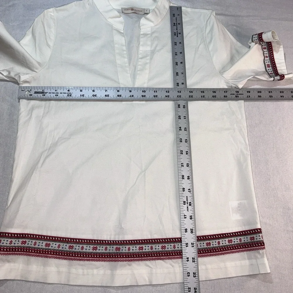 Tory Burch white poplin/red embroidery popover blouse, Size 0